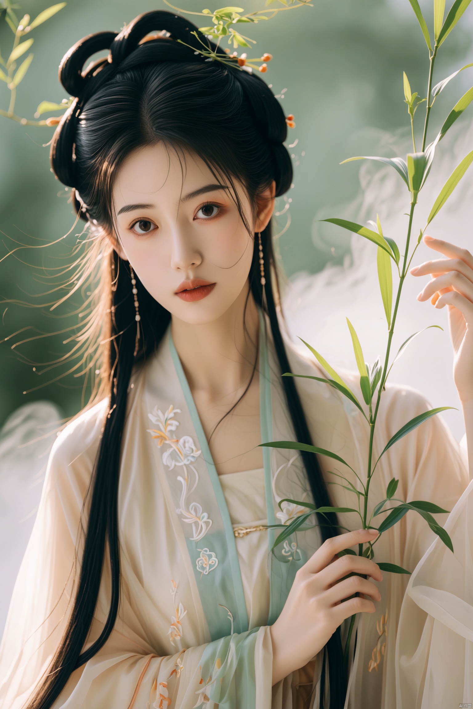 优雅的中国年轻女子,穿着传统服饰,柔焦,柔和的光线,抱着植物茎,乳白色和柔和的颜色,精致的假发,长长的黑发,大而富有表现力的眼睛,宁静的表情,细致的花园背景,梦幻般的氛围,18岁,当代摄影,灵感来自中国古典绘画美学,杰作
