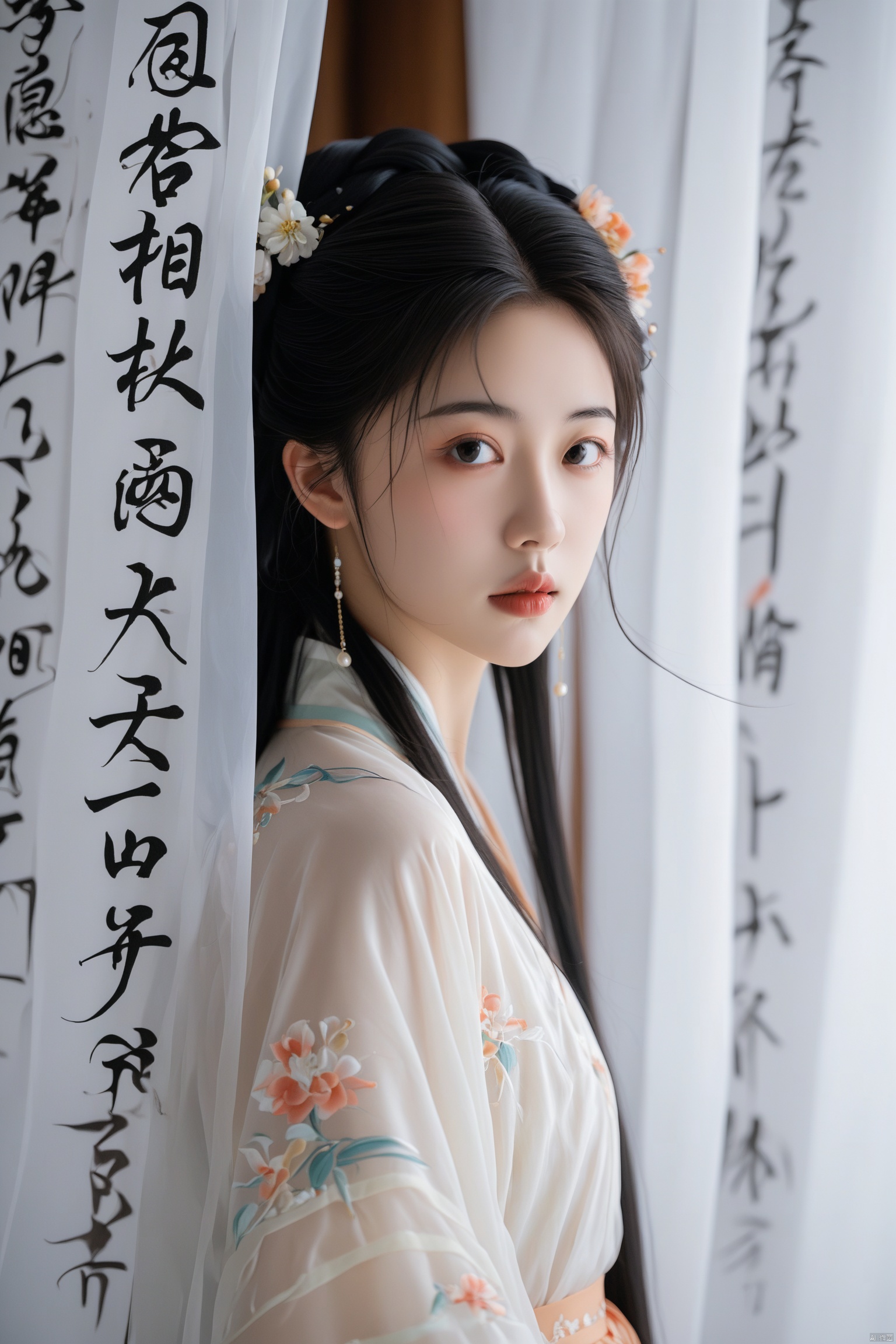 优雅的中国年轻女孩,上身特写,白色窗帘上写着汉字"长相思",黑色长发,看着观众,穿着传统服饰,发饰,花,发花,分开的嘴唇,柔焦,柔和的光线,模糊,逼真,富有表现力的眼睛,细致的背景,梦幻般的氛围,18岁,当代摄影,灵感来自中国古典绘画美学,杰作
