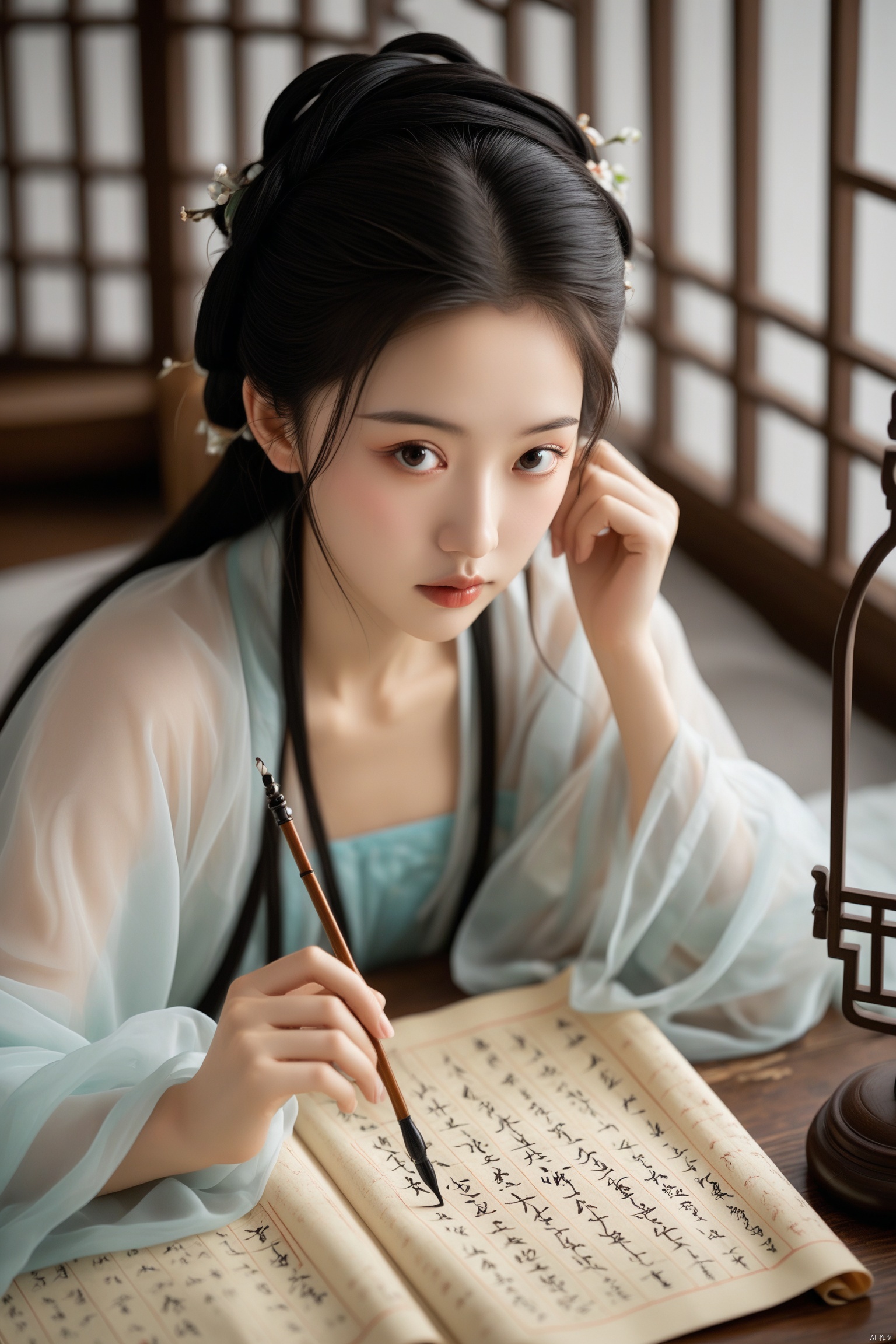 从上往下看,一位优雅的中国年轻女子,趴在桌子前练习书法,宣纸上写着汉字"长相思",穿着传统服饰,柔焦,柔和的光线,逼真,富有表现力的眼睛,,当代摄影,灵感来自中国古典绘画美学,杰作