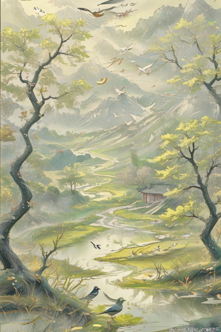 countryside,tree,bird,8k,china, vivid ink painting with chinese style, 