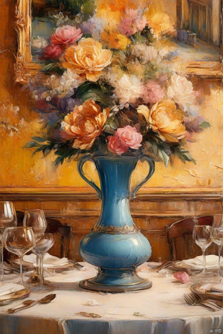 Close up, vase on restaurant table, front composition, wallpaper, high resolution, oil painting style,