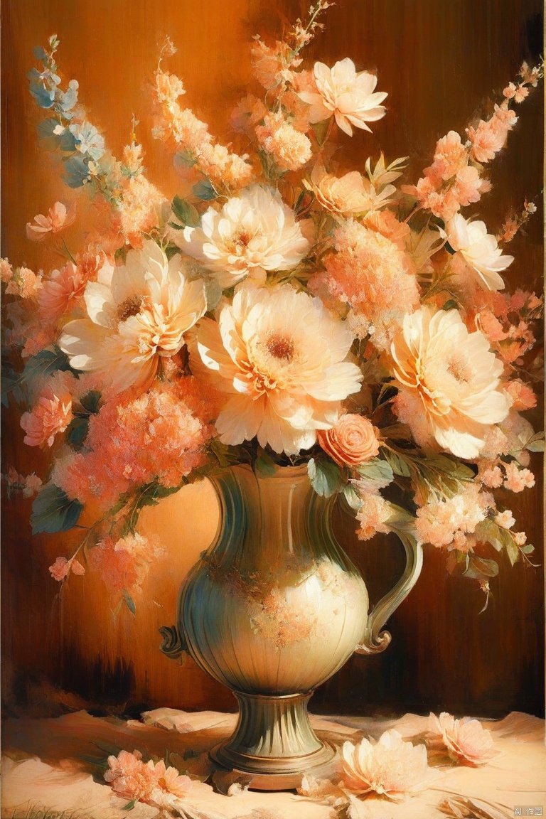 The arrangement of blooming flowers and other flowers, with warm tones and soft focal effects, creates a retro atmosphere, emphasizing the details and romance of the flowers. High quality vases and shapes, Oil painting style, oil painting