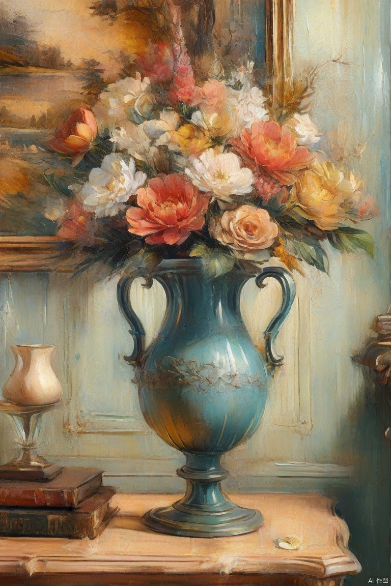  Close up, vase on the living room table, front composition, wallpaper, high resolution, oil painting style,
