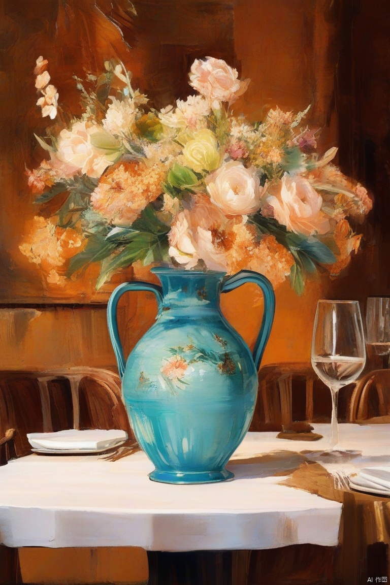 Close up, vase on restaurant table, front composition, wallpaper, high resolution, oil painting style,