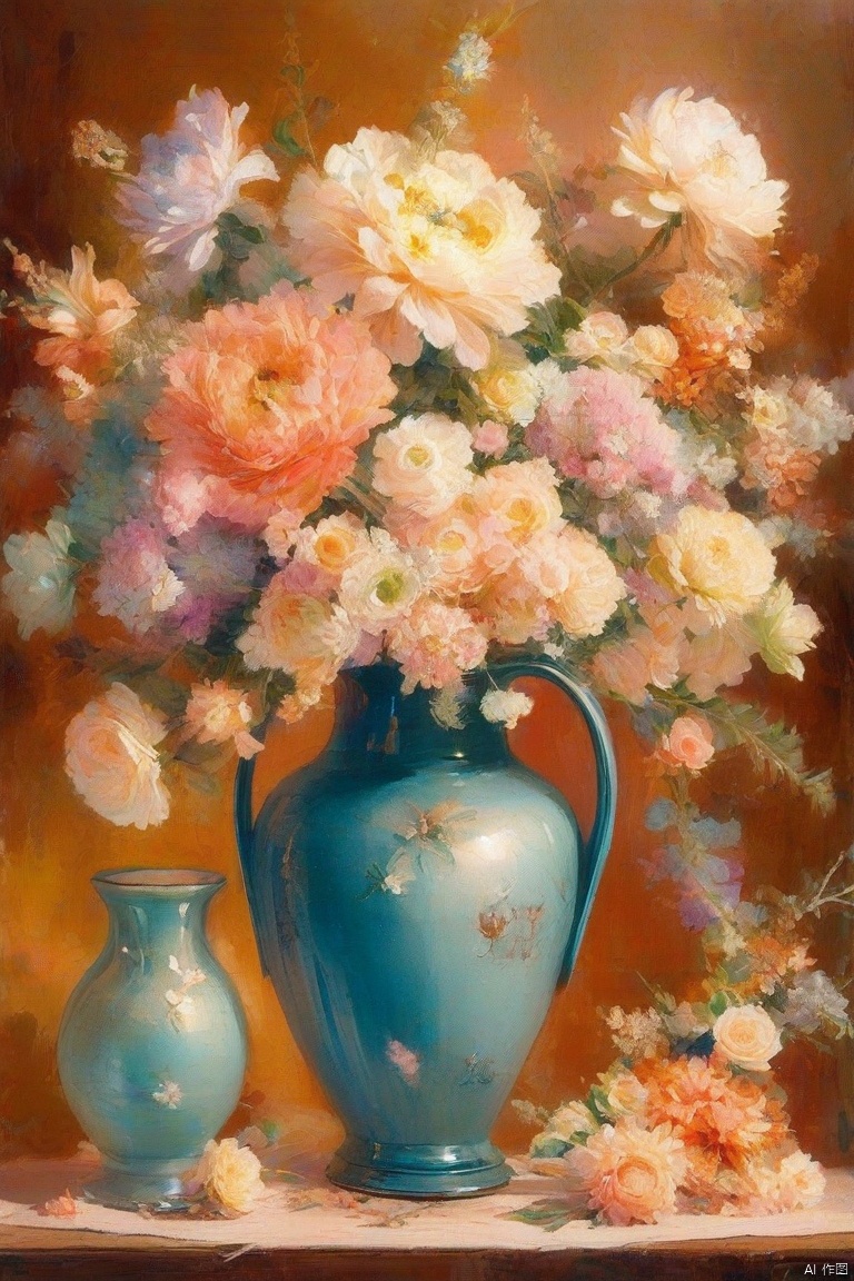 The arrangement of blooming flowers and other flowers, with warm tones and soft focal effects, creates a retro atmosphere, emphasizing the details and romance of the flowers. High quality vases and shapes, Oil painting style, oil painting