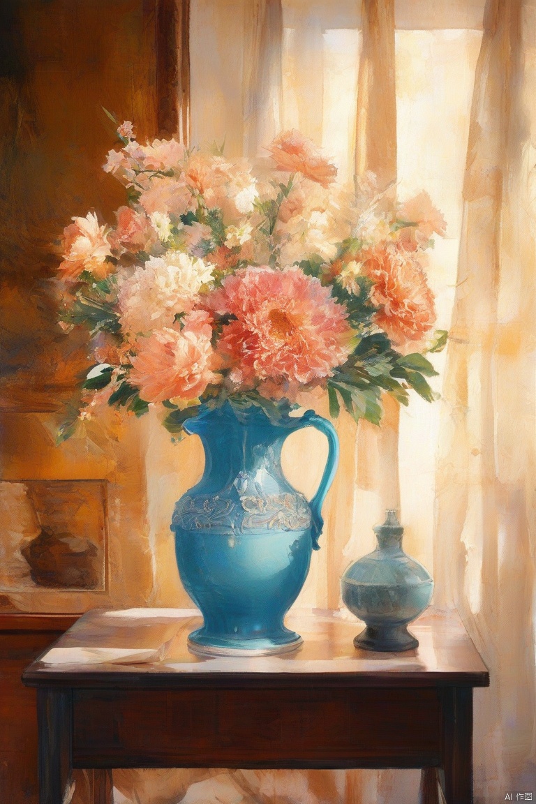 Close up, vase on the living room table, front composition, wallpaper, high resolution, oil painting style