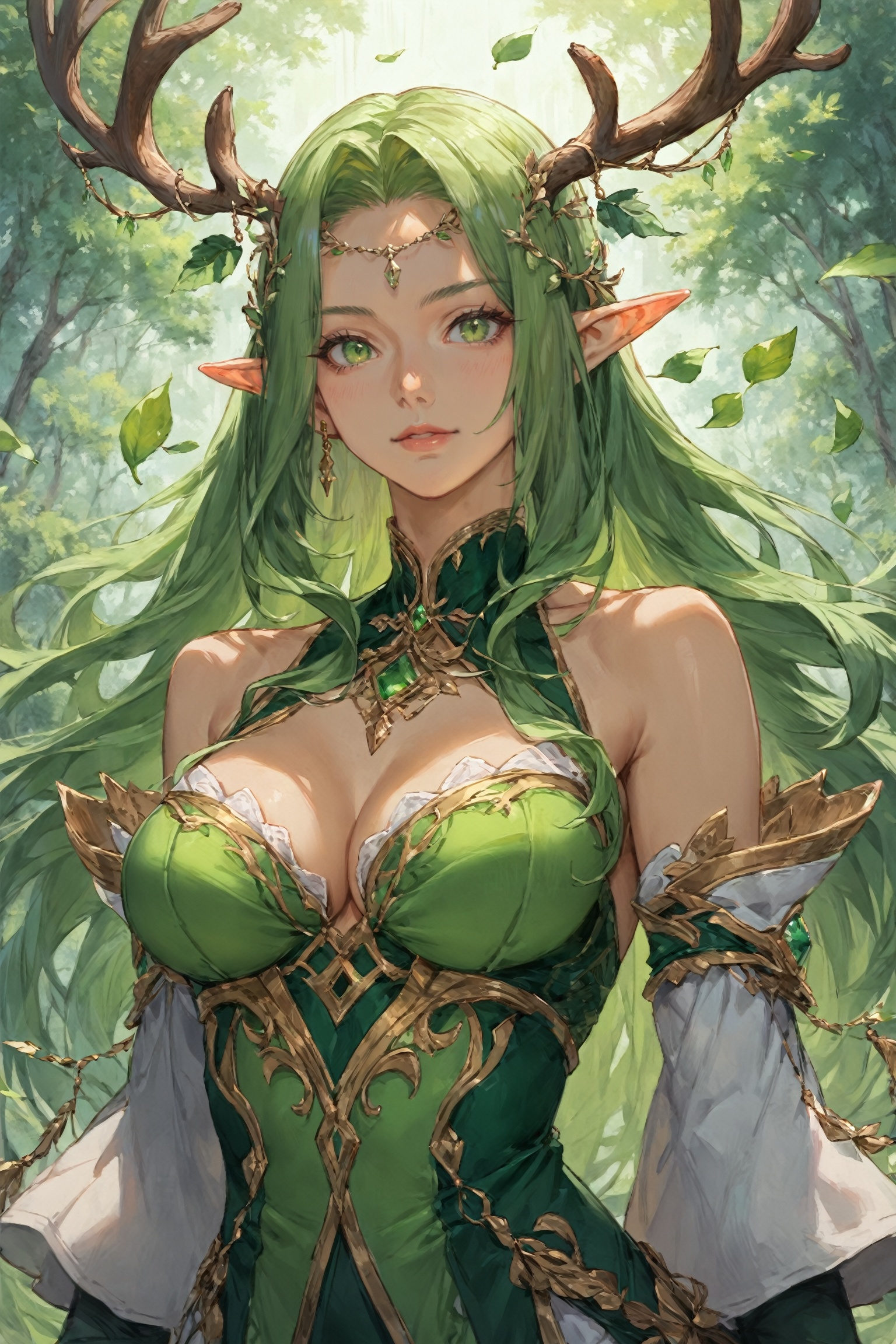 score_9, score_8_up, score_7_up, masterpiece, best quality, absurdres, very aesthetic, source_anime, detailed illustration, 8K UHD, upper body, 1girl, solo, looking at viewer, long hair, medium breasts, cleavage, bare shoulders, green eyes, detached sleeves, green hair, pointy ears, leaf, elf, green dress, antlers