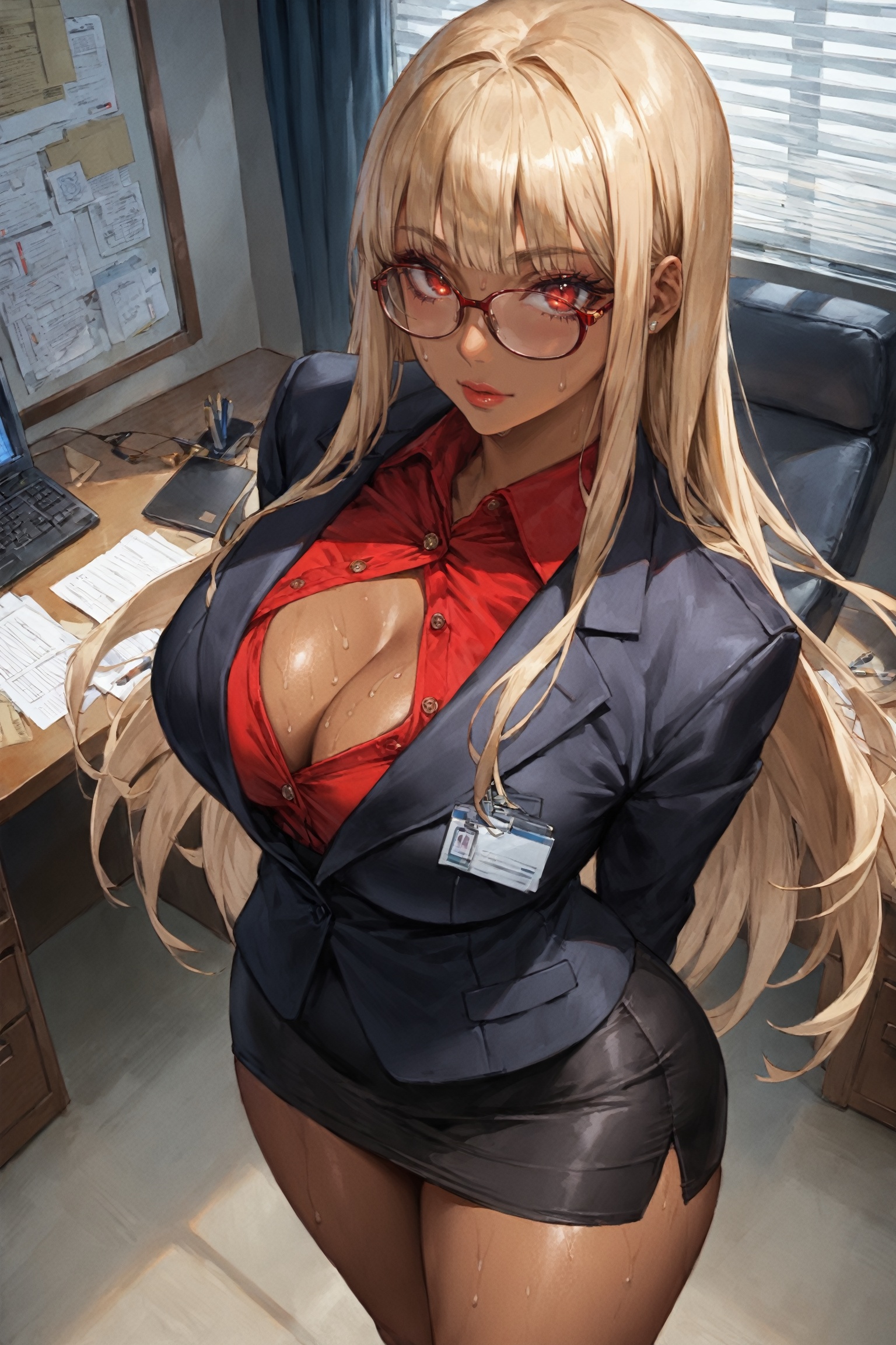 score_9, score_8_up, score_7_up, masterpiece, best quality, absurdres, very aesthetic, source_anime, detailed illustration, 8k UHD, (detailed background:1.1), from above, office lady, 1girl, solo, looking at viewer, ((tan skin)), blond hair, long hair, hime_cut, red eyes, thighs, thick thighs, ((hands behind her back:1.1)), sweat, cleavage, voloptuous, curvy body, glasses, black jacket, red shirt, standing, black pencil skirt, portrait, cowboy shot, indoors, daylight