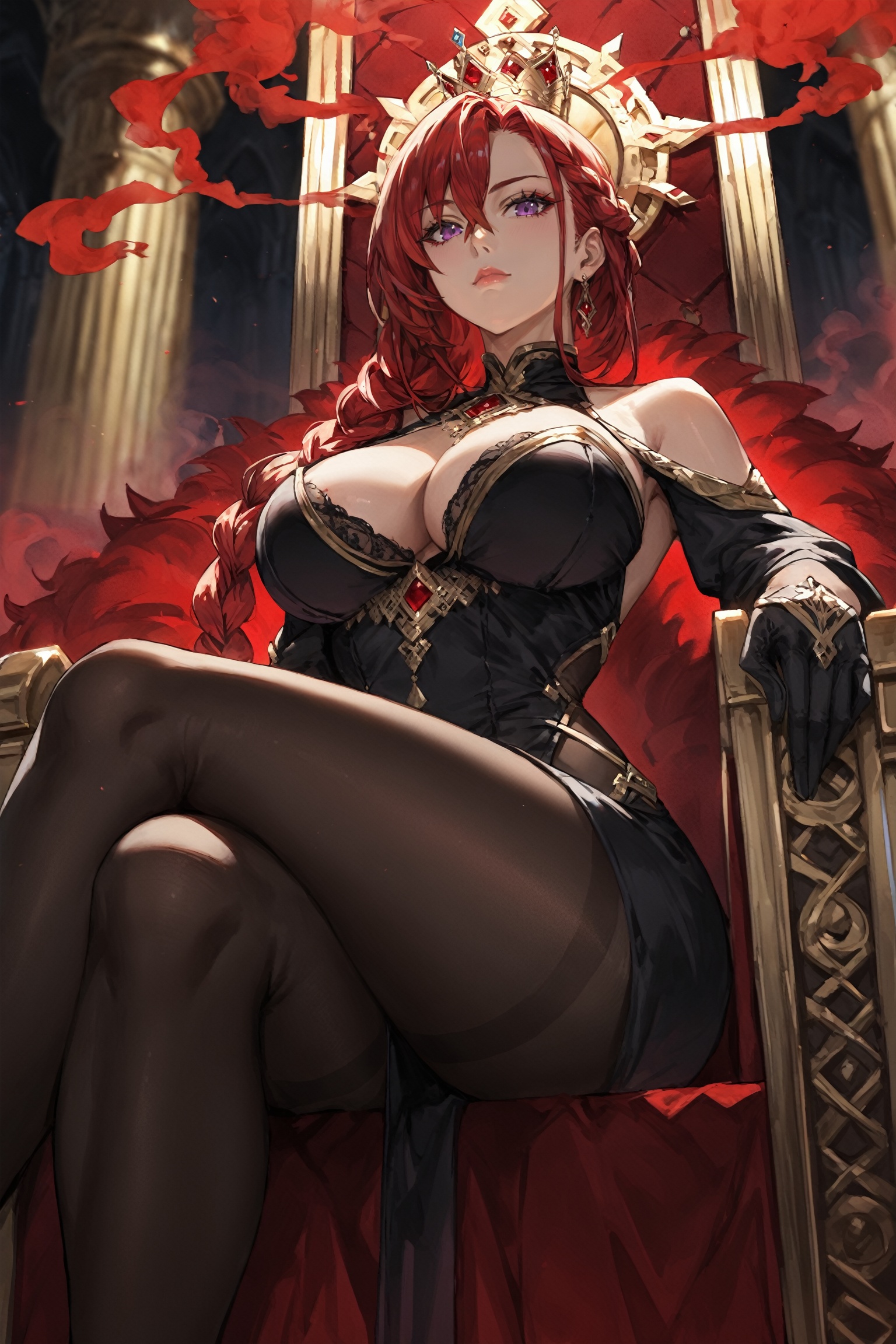 score_9, score_8_up, score_7_up, masterpiece, best quality, absurdres, very aesthetic, source_anime, detailed illustration, 8K UHD, ((from below angle:1.2)), ((the red queen)), 1girl, solo, looking at viewer, red hair, long hair, single braided hair, hair over shoulder, hair between eyes, purple eyes, big breasts, closed mouth, emotionless, bare shoulder, black dress, intricate dress, red jewelry, royal dress, side cut dress, ((black pantyhose)), sitting on throne, crossed legs, black arms sleeve, cleavage cutout, ((black gloves)), throne, dark background, overhead lighting, fantasy themed, depth of field, ((red smoke swirls around her:1.4))