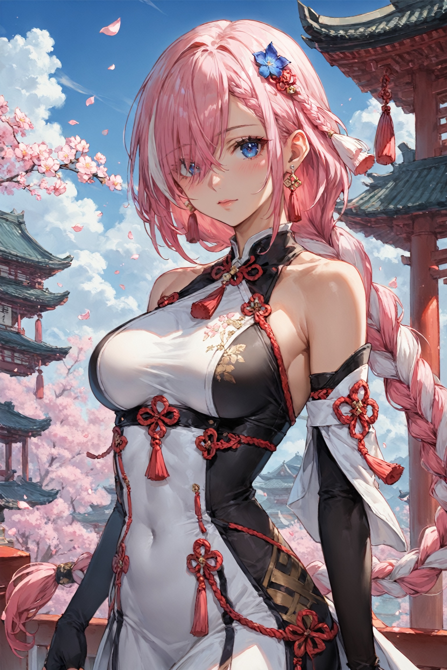 score_9, score_8_up, score_7_up, masterpiece, best quality, absurdres, very aesthetic, source_anime, detailed illustration, 8K UHD, upper body, 1girl, solo, long hair, looking at viewer, blush, bangs, blue eyes, medium breasts, hair ornament, very long hair, closed mouth, ((pink hair and white hair, multicolored hair)), hair over one eye,bare shoulders, white dress, jewelry, standing, flower, earrings, black gloves, elbow gloves, petals, covered navel, tassel, braided ponytail, partially fingerless gloves, black bodysuit, outdoors, sky, day, architecture, east asian architecture, tassel earrings