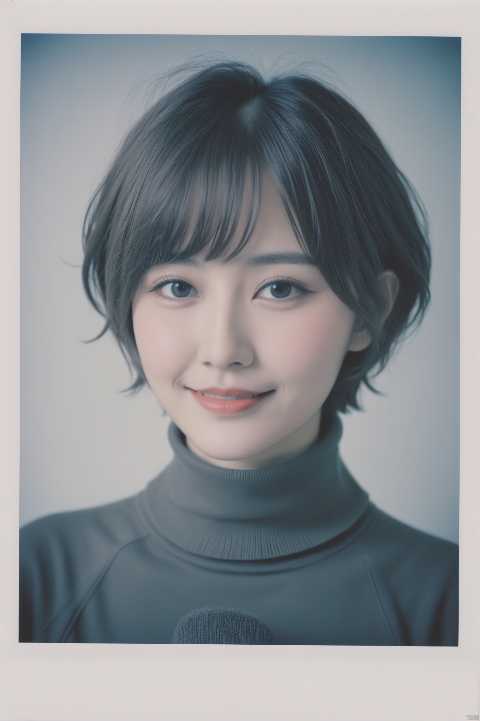 xxmix_girl,portrait of a woman,fluffy short hair,polaroid,film, graininess,smile,cold