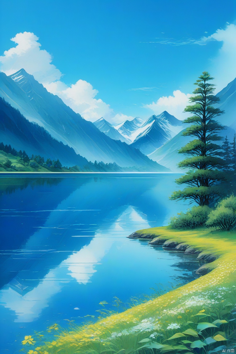 Lake, snow capped mountains, and blue sky, adding details