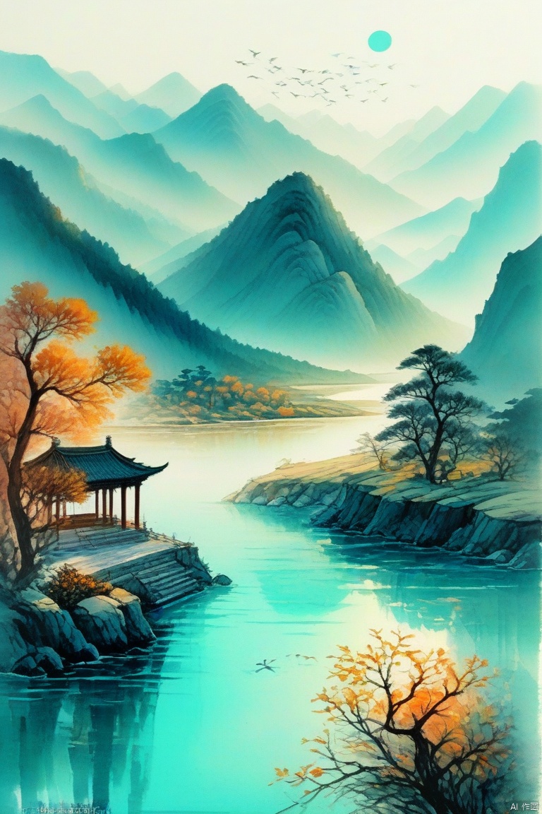 Landscape painting, with overlapping mountains, rippling water, flying birds, a pavilion standing still, a strong sense of autumn, a strong layering, a painting style, a specific perspective, soft light, bright colors, Eastern aesthetics, long-focus lens, natural light, static composition, warm tones, and a peaceful atmosphere. Chinese cyberpunk, Chinese ink, future city.,