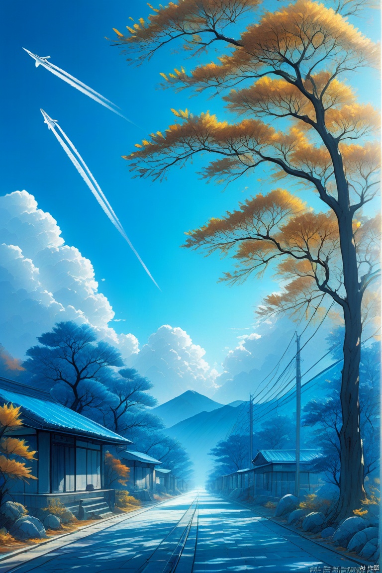 The deep blue sky, layers of white clouds, planes flying through the clouds, leaving traces. On an early autumn afternoon, the quiet streets, and the sleeping calico cat under the shade of trees create a stunning visual effect, with blue sky, white clouds, and a flat background,