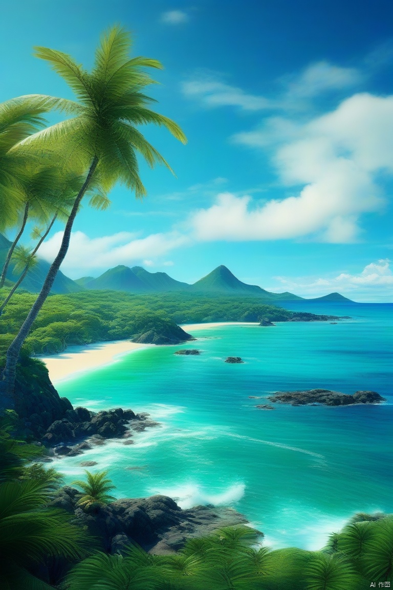 An island in Hawaii, with blue sea, sky, and magical scenery, waves, swaying green palm trees, enhancing the background, masterpiece, and 8k