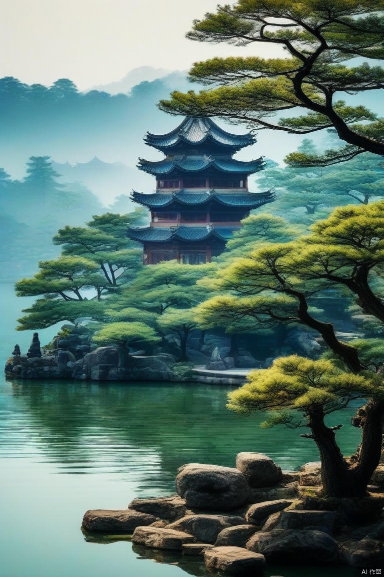 West Lake, pine trees, peculiar stones, architecture, mist, halo, history, Chinese style, Zen Buddhism, grandeur, uniqueness