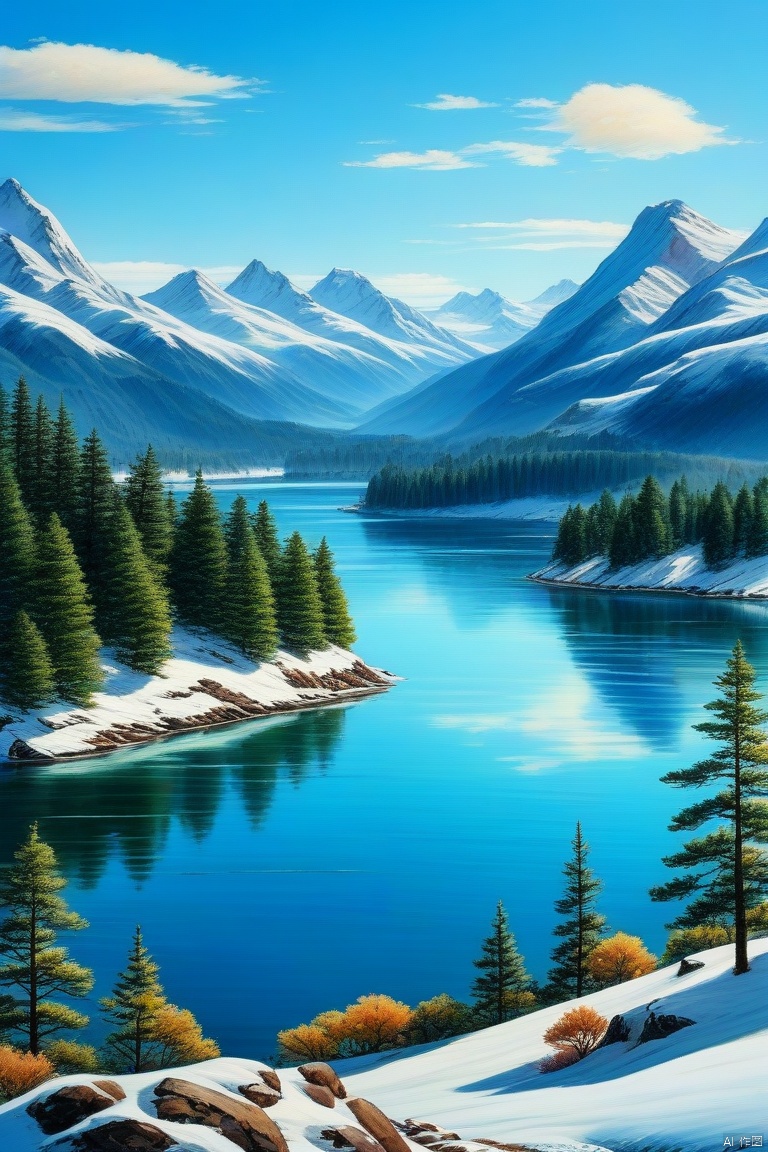 Lake, snow capped mountains, and blue sky, adding details