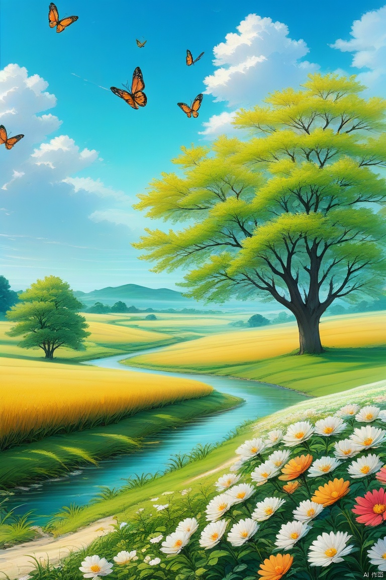 In the beautiful fields of summer, a gentle breeze blows through the big trees on the grassland, and by the roadside are vast wheat fields and streams. Flowers bloom by the stream, butterflies dance gracefully, the blue sky and white clouds shine brightly, and the image quality is high-definition