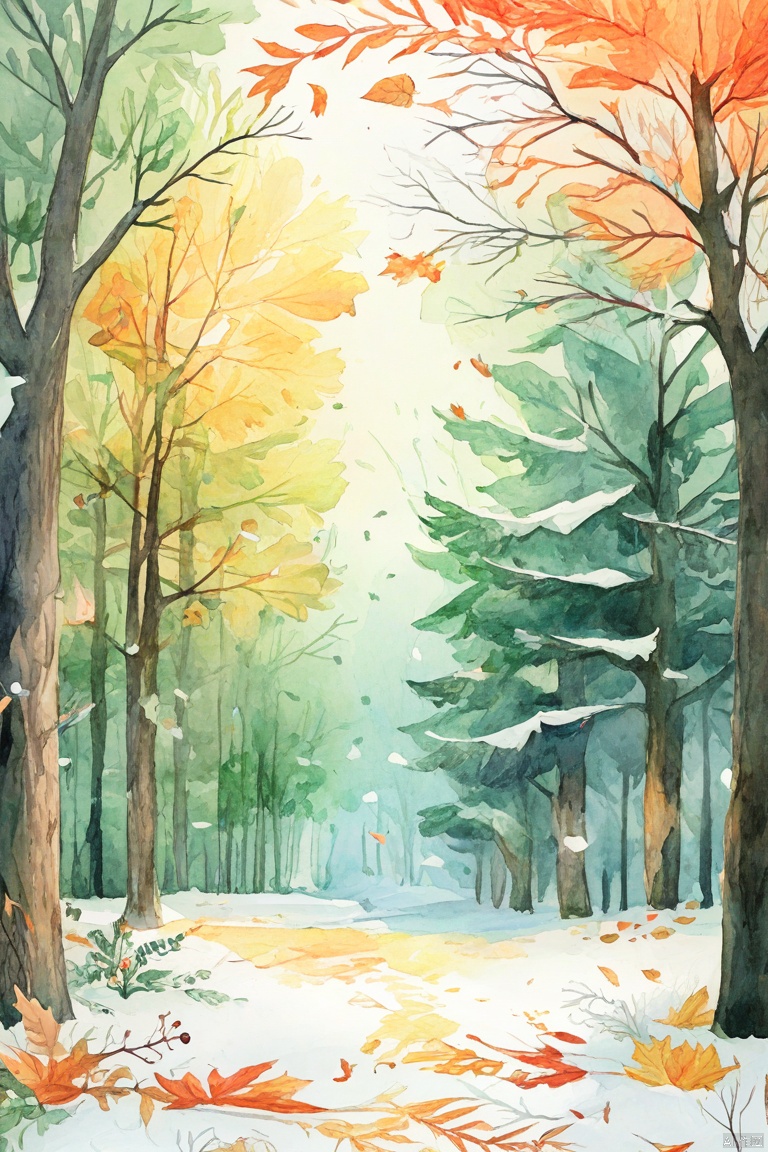  Watercolor style, pastel, forest, trees, snowflakes, fallen leaves, seasonal transitions, autumn and winter, green and white backgrounds, illustrations, digital art, nature, tranquility, seasonality, simple style, textured paper effects, vertical layout, countryside, harmony, soft colors, soft lighting, children's hand drawing, pencil drawing, illustrations, bright colors, rich and colorful content, increased details, improved clarity, extremely high resolution