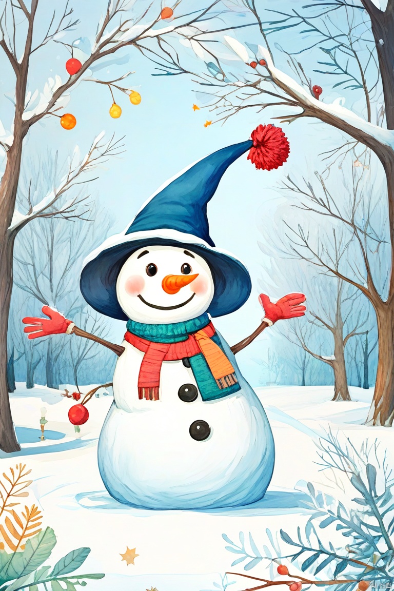 Snowman, winter scene, cartoon style, snowflakes, leafless trees, blue background, smile, carrot nose, red fluffy ball hat, branch arm, three black buttons, joyful atmosphere, light snow, pink, children's book illustration, illustration, digital art, natural, peaceful, seasonal, simple style, textured paper effect, rural, harmonious, soft colors, soft lighting, children's hand drawing, pencil drawing, illustration, bright colors, rich and colorful content, increased details, improved clarity, extremely high resolution