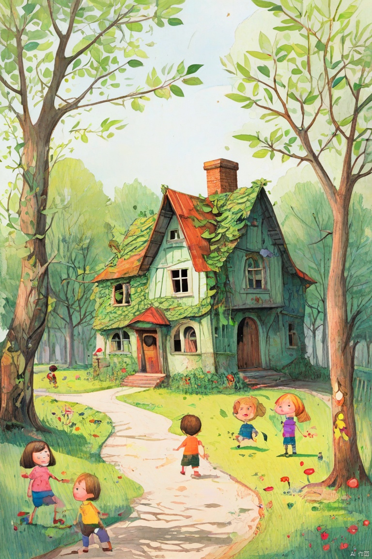 There is only one house, a somewhat dilapidated old one, with green leaves covering the exterior walls and layers of wrapping. The countryside and small roads create a peaceful and lonely atmosphere, with children's hand drawn, pencil drawn, and illustrated images. The colors are bright and the content is rich and colorful, with increased details and clarity, resulting in extremely high resolution