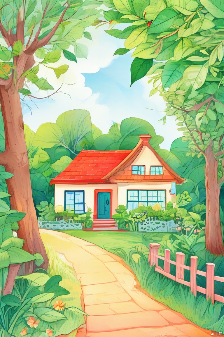 A house with green leaves covering its exterior walls, the countryside and paths create a peaceful and lonely atmosphere, with children's hand drawn, pencil drawn, and illustrated works. Bright colors, rich and colorful content, increased details and clarity, and extremely high resolution