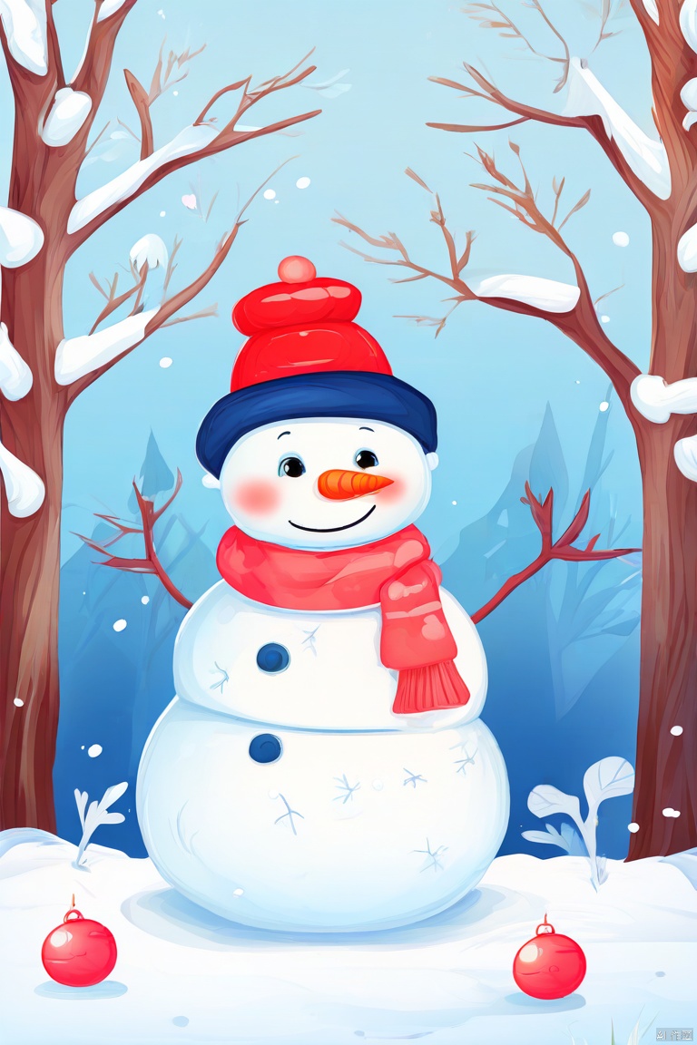 Snowman, winter scene, cartoon style, snowflakes, leafless trees, blue background, smile, carrot nose, red fluffy ball hat, branch arm, three black buttons, joyful atmosphere, light snow, pink, children's book illustration, illustration, digital art, natural, peaceful, seasonal, simple style, textured paper effect, rural, harmonious, soft colors, soft lighting, children's hand drawing, pencil drawing, illustration, bright colors, rich and colorful content, increased details, improved clarity, extremely high resolution