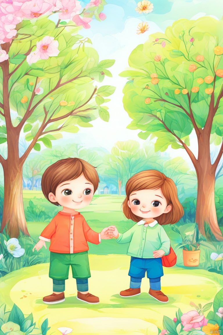  There are little boys and girls in the park, cute, spring, green, children's hand drawn, pencil drawn, illustrated, with bright colors, rich and colorful content, increased details, enhanced clarity, and extremely high resolution
