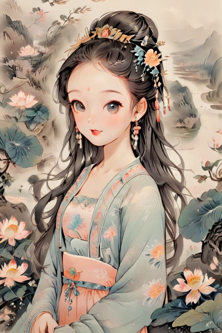 1Girl, loli, looking at the audience, full body, long hair, earrings, jewelry, solo, shut up, Chinese dress, landscape background, eyelashes, smile, lipstick, blush, flower earrings, portrait, Chinese hand-painted figure painting, traditional Chinese ink painting