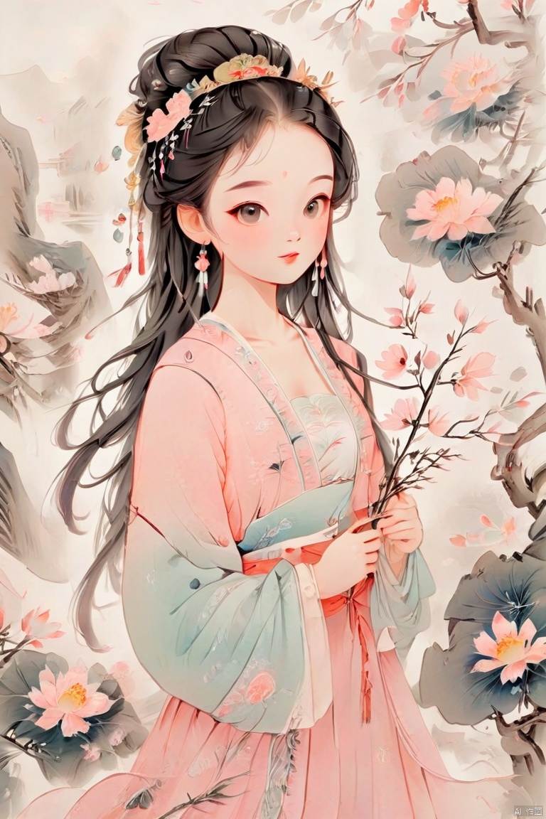 Girl in ancient Chinese costume, wearing pink traditional dress, holding plum branches, delicate face, side view, white background, pastel painting, minimalism, full-body shooting, fantasy art, ink painting, fine lines, color gradient, ultra-high detail on white background, simple and elegant atmosphere, high resolution 