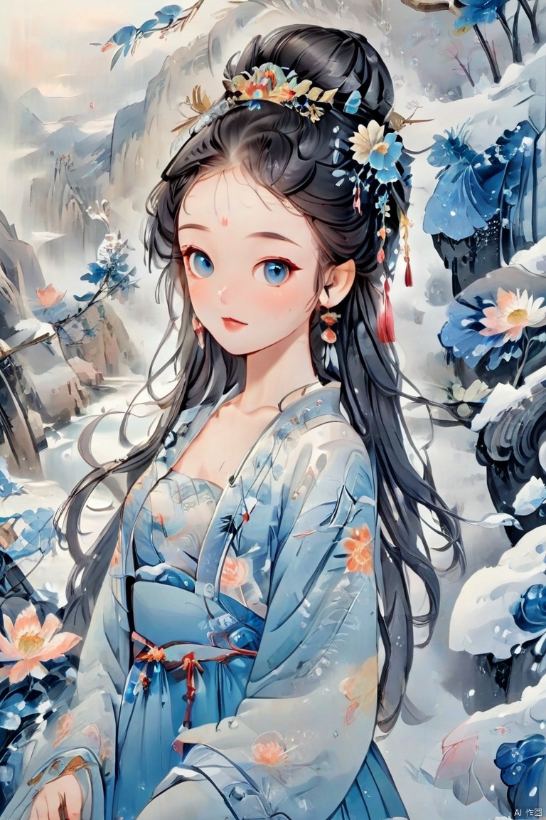 (Premium), (Premium), (Ultra fine), Ultra fine CG, (Illustrated), (Fine Light), (Extremely delicate and beautiful), Girl, Solo, (Upper Body), (Cute Face), expressionless, (Beautiful Fine Eyes), Hanfu, (Mid Breast 1.2), Blue  Eyes, (Vertical Pupils 1.2), White Hair, Bright Hair, Colorful Inner Hair, [Armordress], Blue Air Accessories, Ice Hair, Depth of Field, [Ice Crystal], (Snowflake)