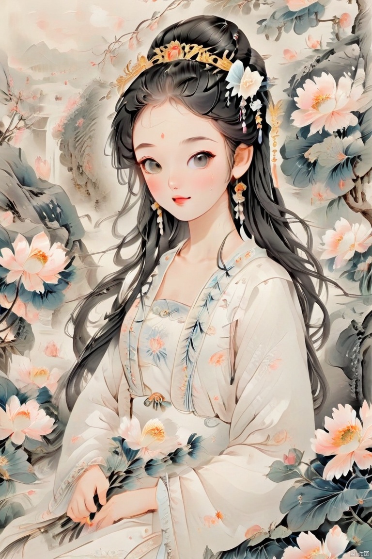 A beautiful antique girl, wearing a white long dress with white peonies, long black hair, holding flowers, delicate features, wearing exquisite gold ornaments on her head, sitting under a tree surrounded by blooming peonies, white style, pure, clean, colorful ink painting, dreamy atmosphere, mysterious background, Chinese painting style, fantasy art style, full-body photo, super detail, HD resolution, High quality, full body shot, HD image rendering, Chinese hand-painted figure painting, traditional Chinese ink painting