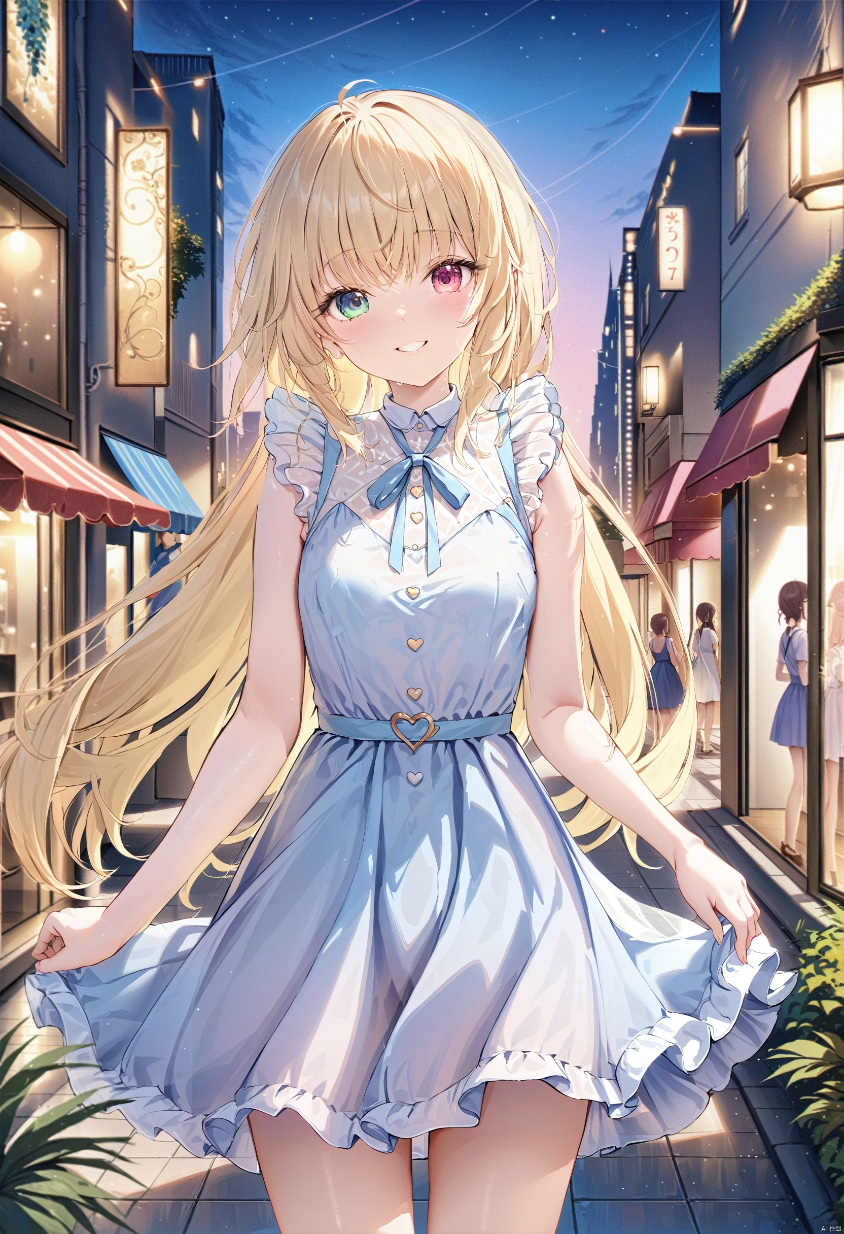 masterpiece,best quality,masterpiece,best quality, 
looking at viewer, 1girl, loli, long hair, blonde hair, gradient hair color, heterochromia, one-piece dress, summer dress, standing, looking at viewer, smile, solo focus, outdoors, dusk, light city, 
BREAK photography,realistic,fine fabric emphasis,best quality,masterpiece,best quality,amazing quality,very aesthetic,absurdres,best quality,amazing quality,very aesthetic,absurdres,Highly detailed,best quality,masterpiece,Highly detailed,