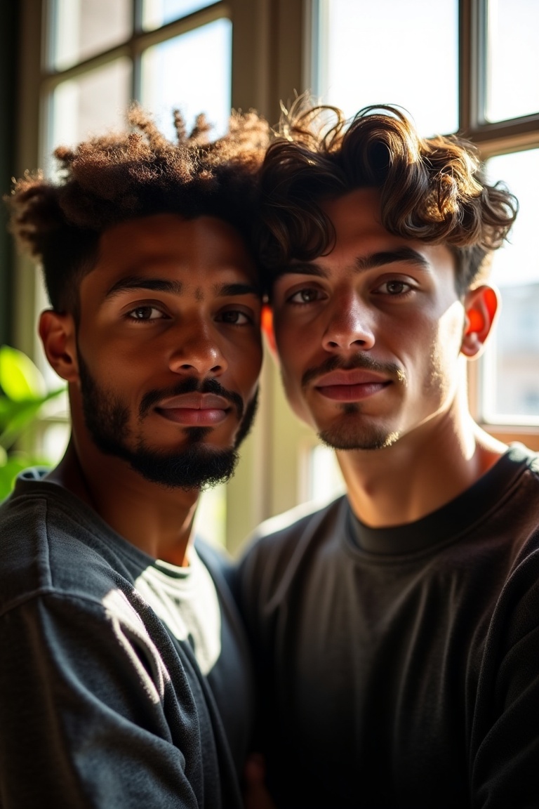 A group of two young men with dark skin and varying lengths of brown hair,  one sporting a beard,  stand together in front...