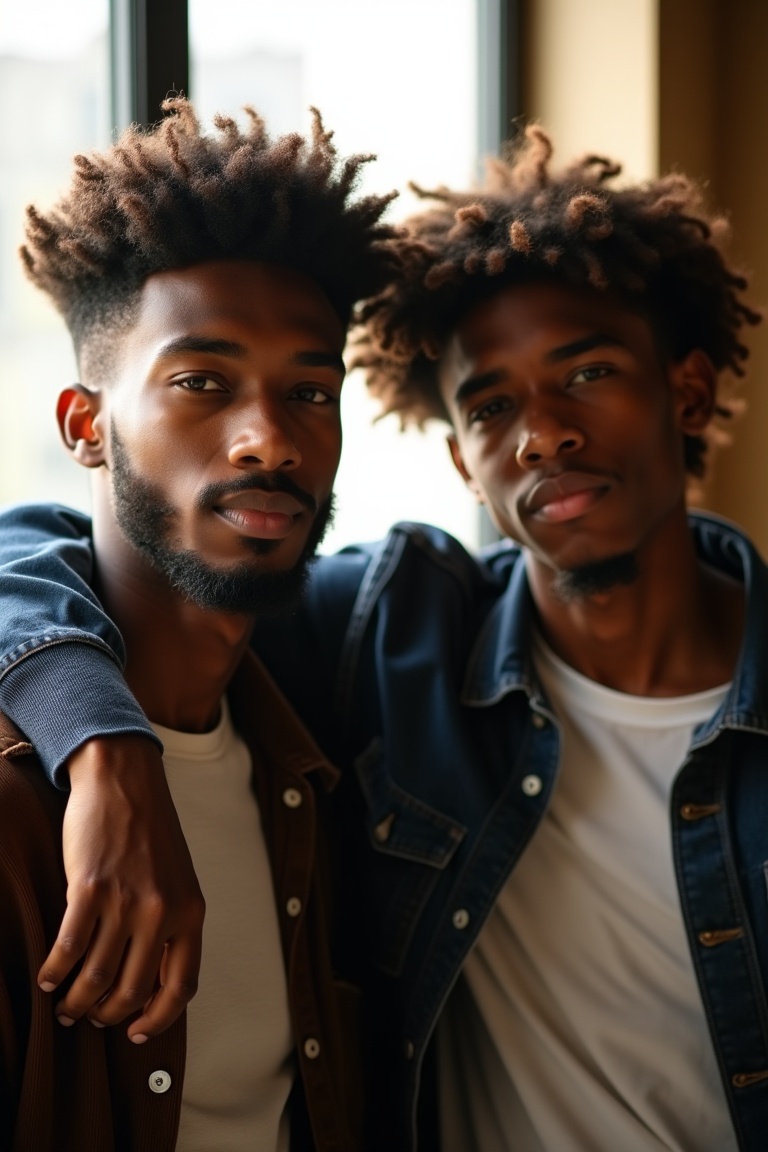 A group of two young men with dark skin and varying lengths of brown hair,  one sporting a beard,  stand together in front...