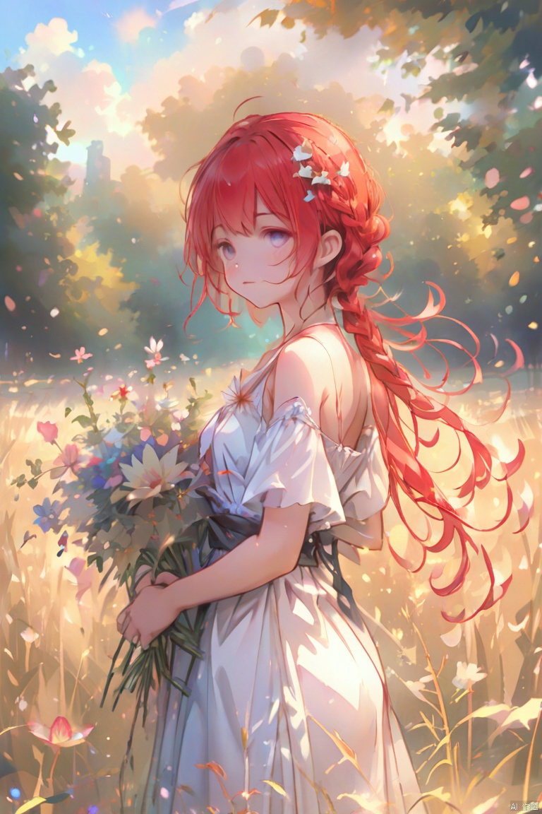upper body,Create an image of an anime girl with bright red hair,wearing a sundress and holding a bouquet of wildflowers,standing in a field of tall grass with a soft breeze blowing through. The scene should capture the whimsical and carefree style of Sakimichan,with a sense of peace and tranquility in the air.