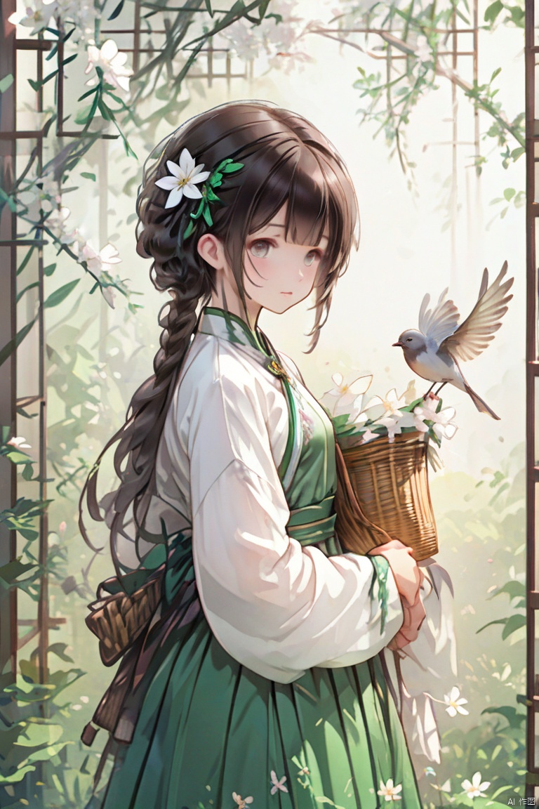 1girl, solo, long hair, simple background, brown hair, hair ornament, long sleeves, full body, flower, hair flower, chinese clothes, white flower, bird, green dress, holding basket, hanfu, negative_hand