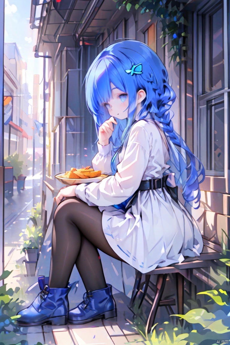 1girl, solo, long hair, blue eyes, hair ornament, long sleeves, dress, sitting, very long hair, blue hair, boots, food, minigirl, blue theme,
