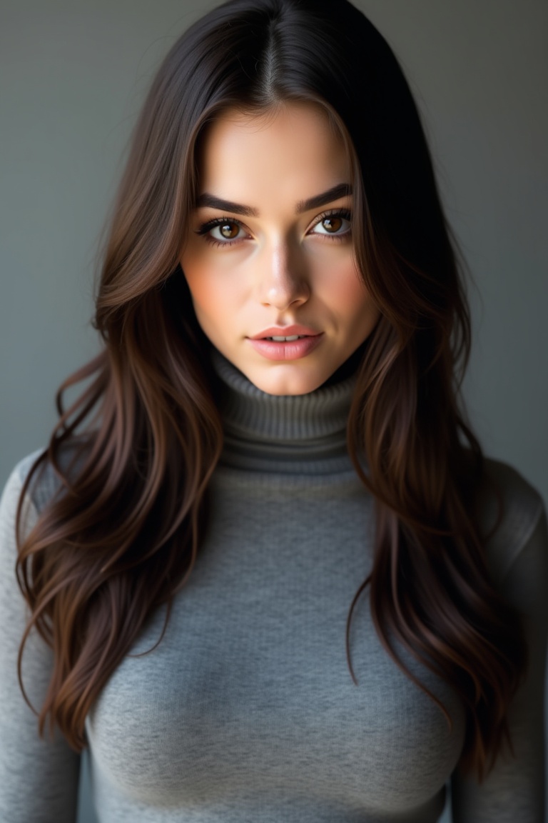 A young woman with striking features and long,  dark brown hair cascading down her back,  gazes directly into the camera's...