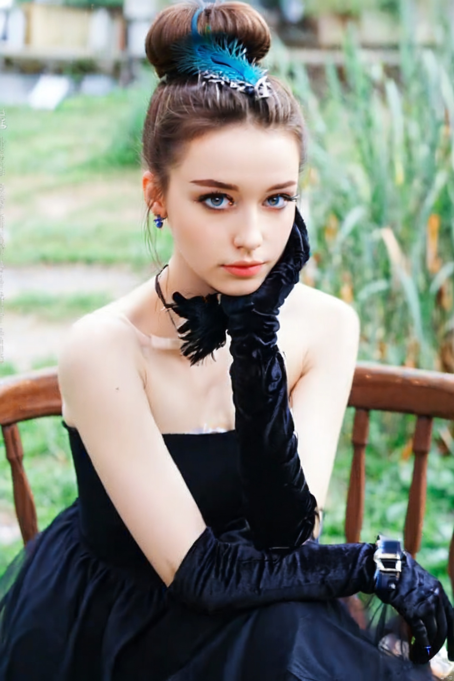  DSLR, (Good structure), HDR, UHD, 8K, A real person, Highly detailed, best quality, masterpiece, 1girl, realistic, Highly detailed, (EOS R8, 50mm, F1.2, 8K, RAW photo:1.2), ultra realistic 8k, Peacock, 1 girl,sitting on the chair,solo,black dress, gloves, feather dress, look at the audience, hair accessories, elbow gloves, Blue Eyes, cowboy shoot, Hair Bun, bare shoulders, dress, hair bun, black gloves, flowers, Bangs, gray hair, shut up, black background, simple background,eluosi