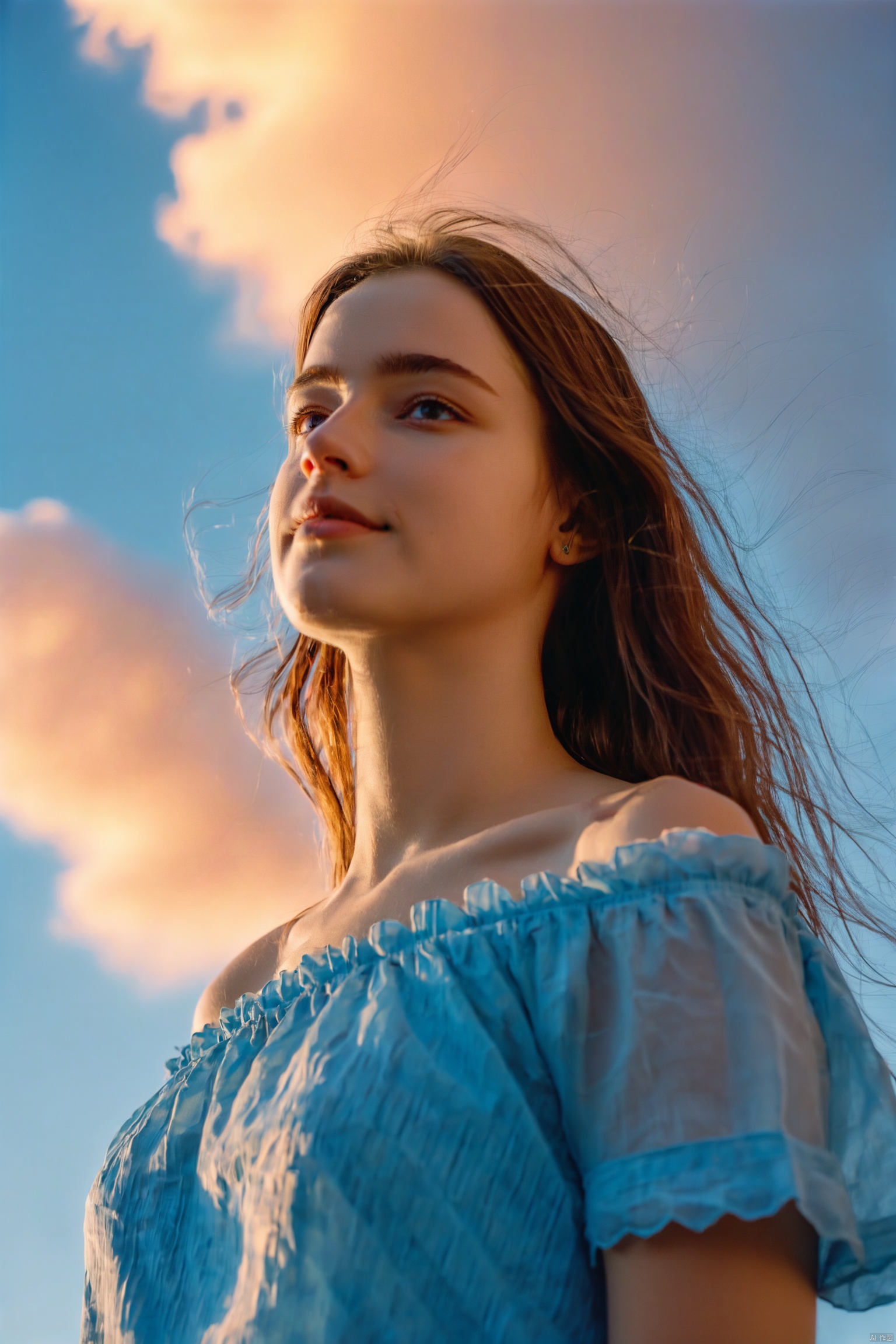 realistic, realism, film grain, photo by fuji-proplus-ii film, raw photo of 20 years old woman in offshoulder-top, close up portrait, deep blue sky, cloudy sky, outdoor, high key light, soft shadow, Fiery clouds,eluosi