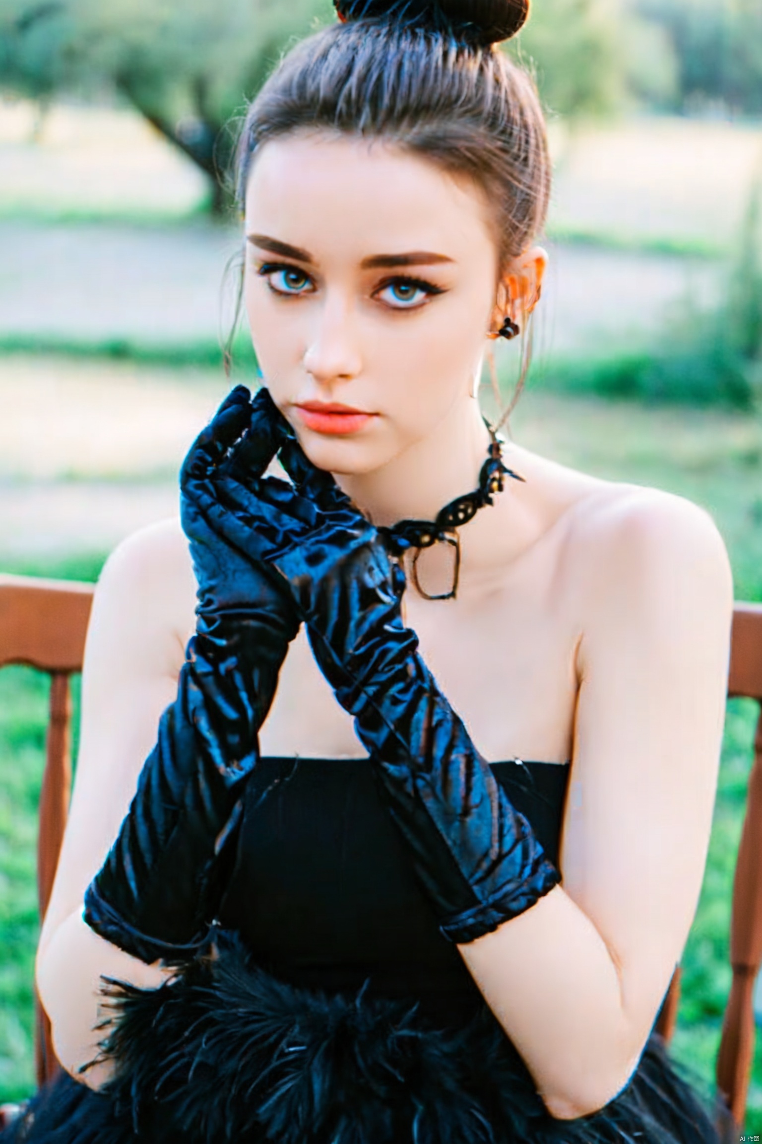  DSLR, (Good structure), HDR, UHD, 8K, A real person, Highly detailed, best quality, masterpiece, 1girl, realistic, Highly detailed, (EOS R8, 50mm, F1.2, 8K, RAW photo:1.2), ultra realistic 8k, Peacock, 1 girl,sitting on the chair,solo,black dress, gloves, feather dress, look at the audience, hair accessories, elbow gloves, Blue Eyes, cowboy shoot, Hair Bun, bare shoulders, dress, hair bun, black gloves, flowers, Bangs, gray hair, shut up, black background, simple background,eluosi