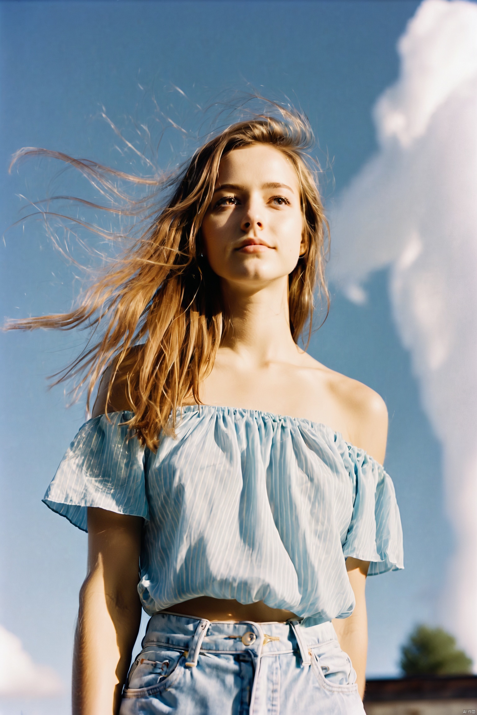 realistic, realism, film grain, photo by fuji-proplus-ii film, raw photo of 20 years old woman in offshoulder-top, close up portrait, deep blue sky, cloudy sky, outdoor, high key light, soft shadow, Fiery clouds,eluosi