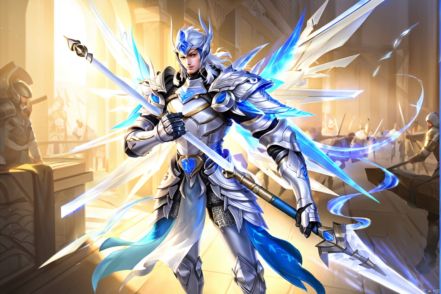 rongyao,solo, 白起,白色死神,1boy, holding, weapon, male focus, outdoors, sword, holding weapon, armor, glowing, holding sword, helmet, shoulder armor, gauntlets, pauldrons, breastplate, over shoulder, greaves, weapon over shoulder, knight, full armor, helm, leg armor