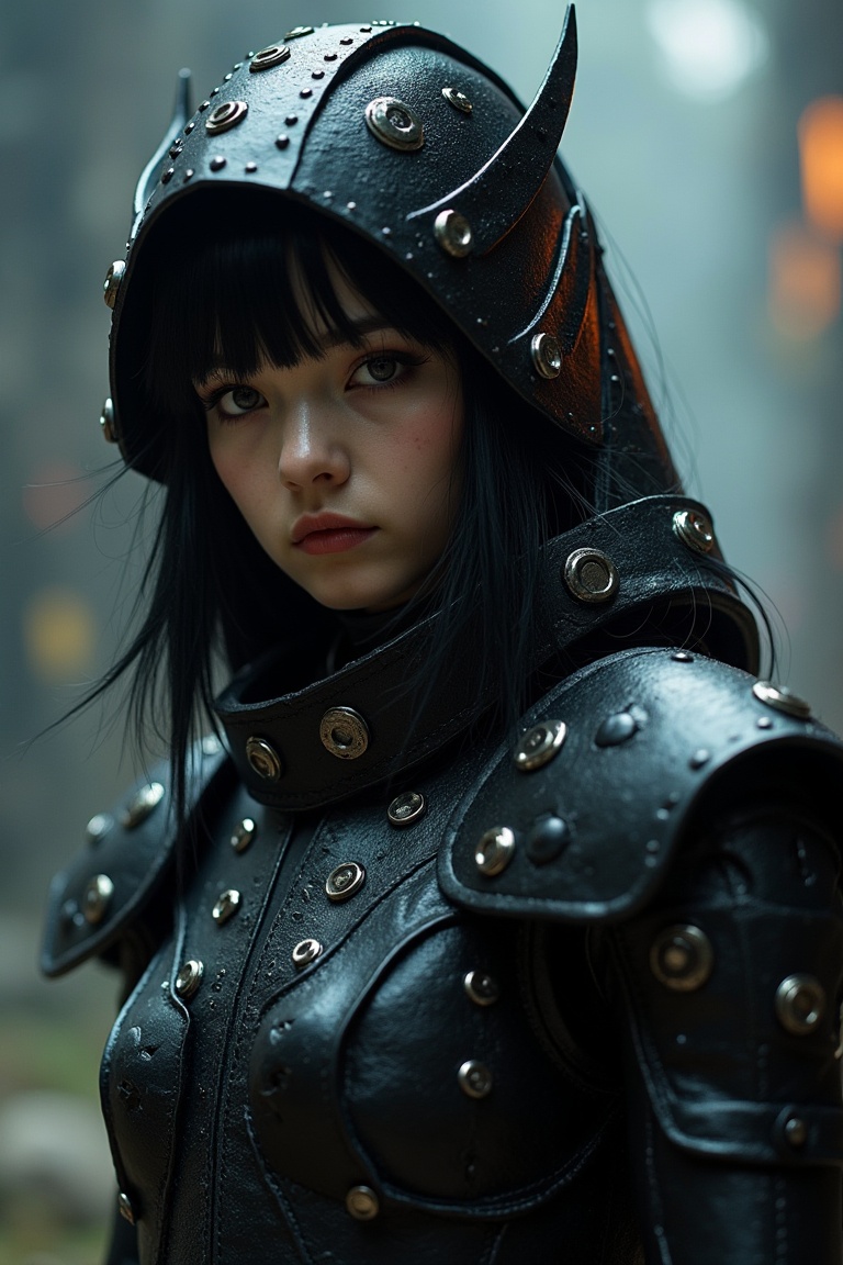 an upperbody close-up realistic shot with ultra detailed photo of sumetal from babymetal wearing a black metal cyborg suit...
