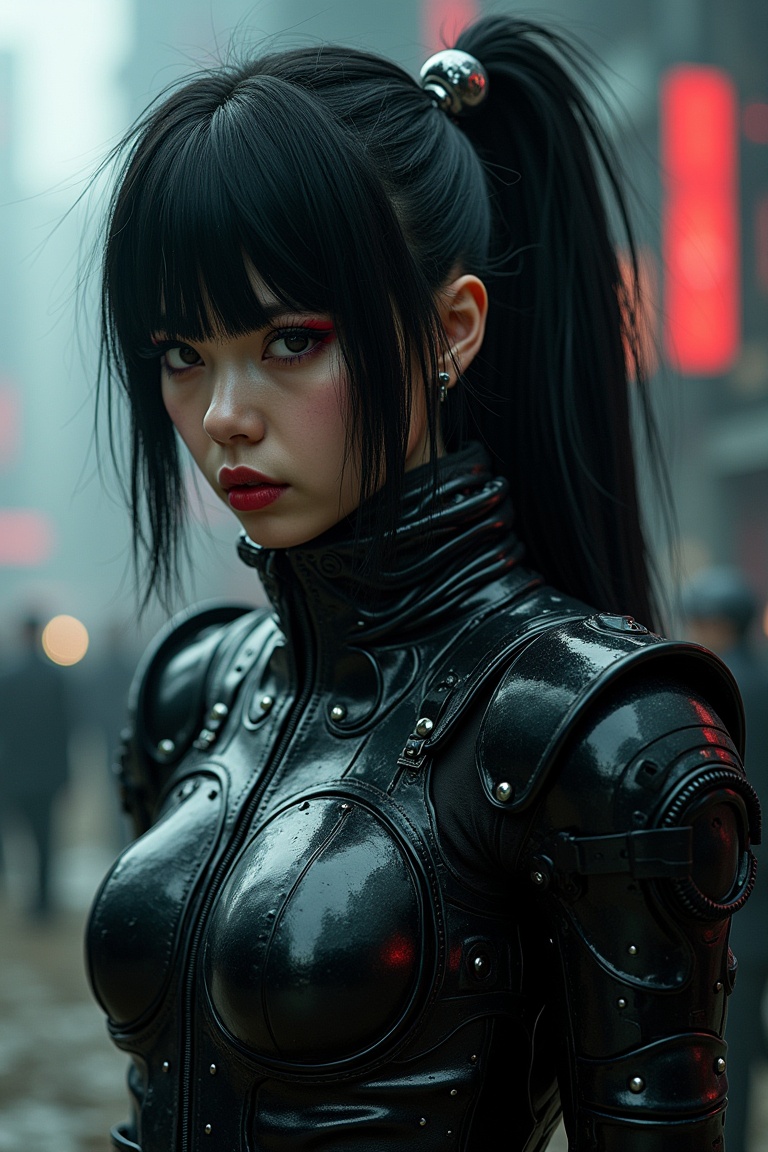an upperbody close-up realistic shot with ultra detailed photo of sumetal from babymetal wearing a black metal cyborg suit...
