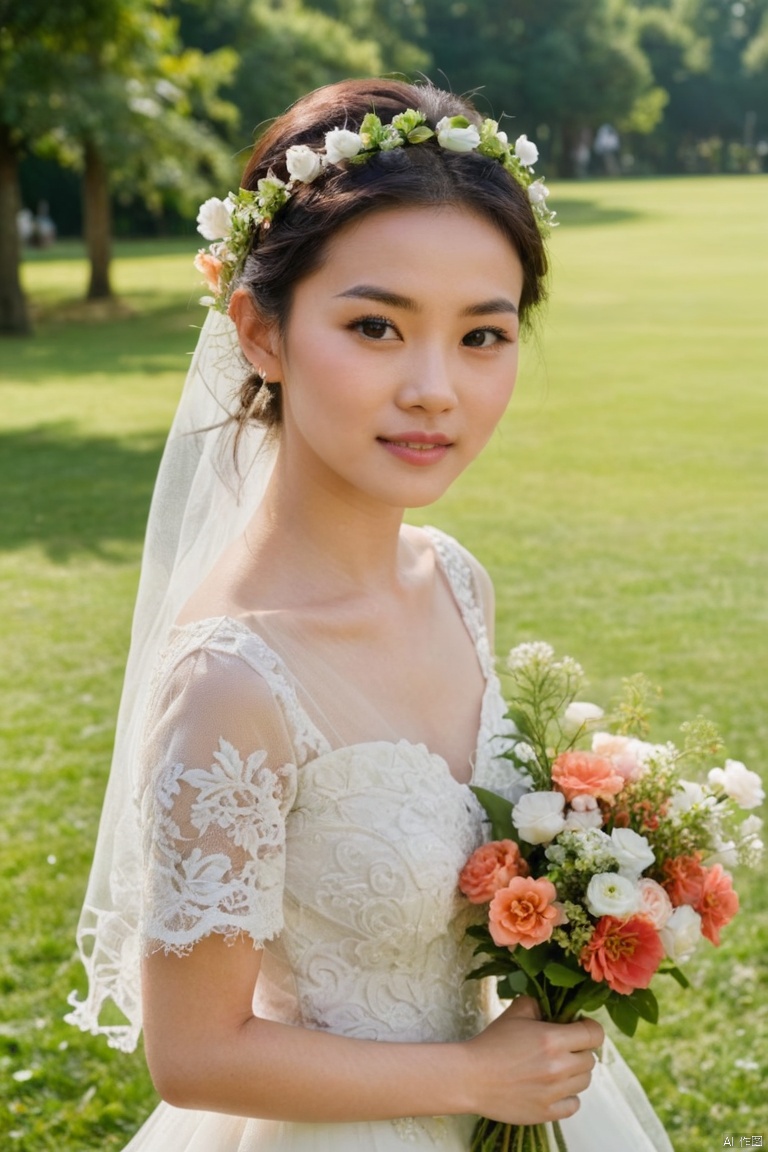  Asian girl, close-up, the background is the big lawn, wedding