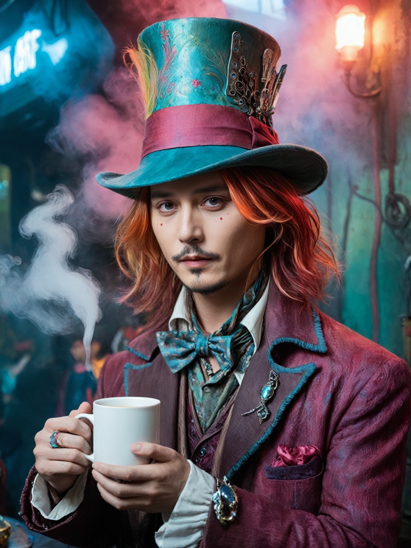 cyberpunk holding a cup of tea,  cyberpunk style,  mysterious magical ground fog on Tensor.Art