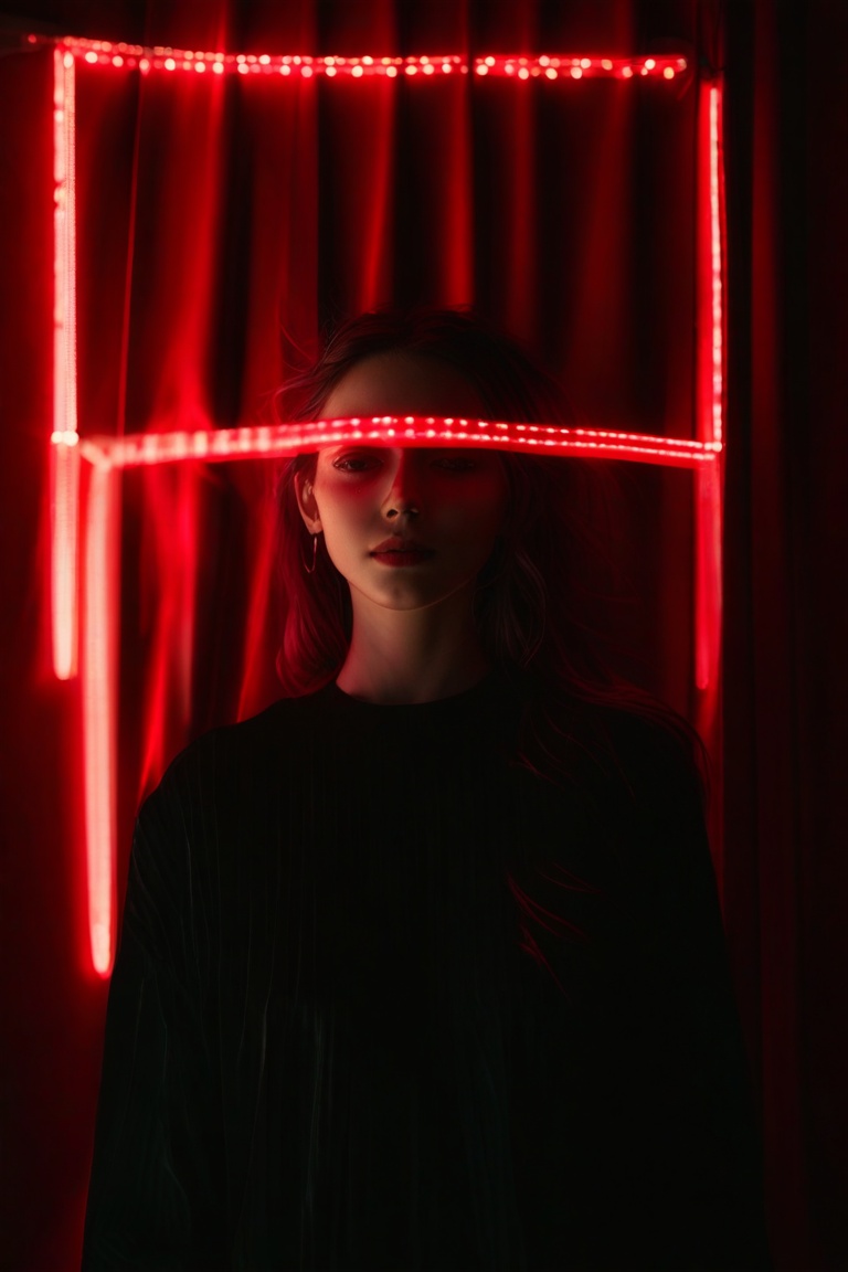 an artistic portrait of a young woman with red light on her face and a red curtain in the background on Tensor.Art