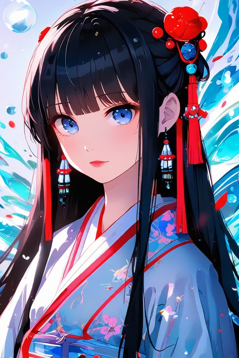 A beautiful anime-style image of a very beautiful,  solo girl with a himecut hairstyle,  long black hair tied up with a re...